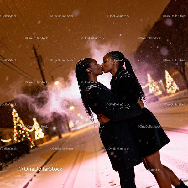 Romantic couple embracing and kissing on snowy winter street