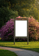 Blank Signboard in Park with Vibrant Blooming Shrubs