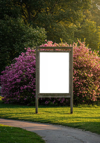 Blank Signboard in Park with Vibrant Blooming Shrubs