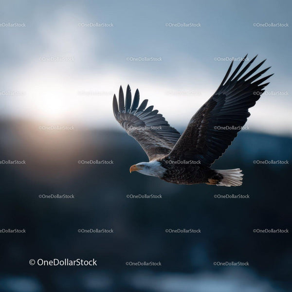 Majestic Bald Eagle in Flight Over Mountain Landscape