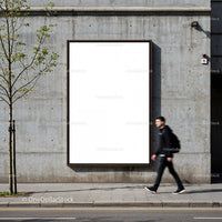 Man walking past blank outdoor billboard on urban street