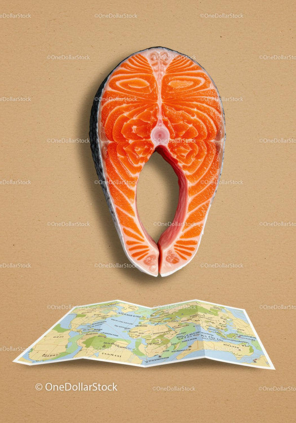 Fresh salmon steak above unfolded world map on beige