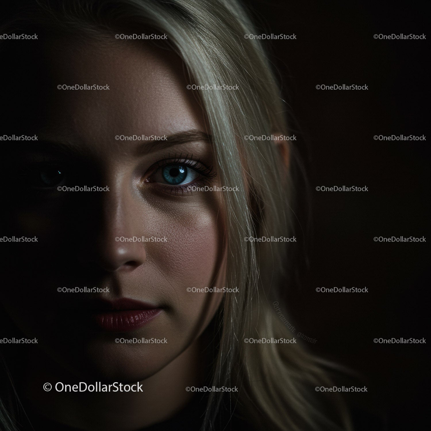 Closeup of woman with blue eye and dramatic lighting