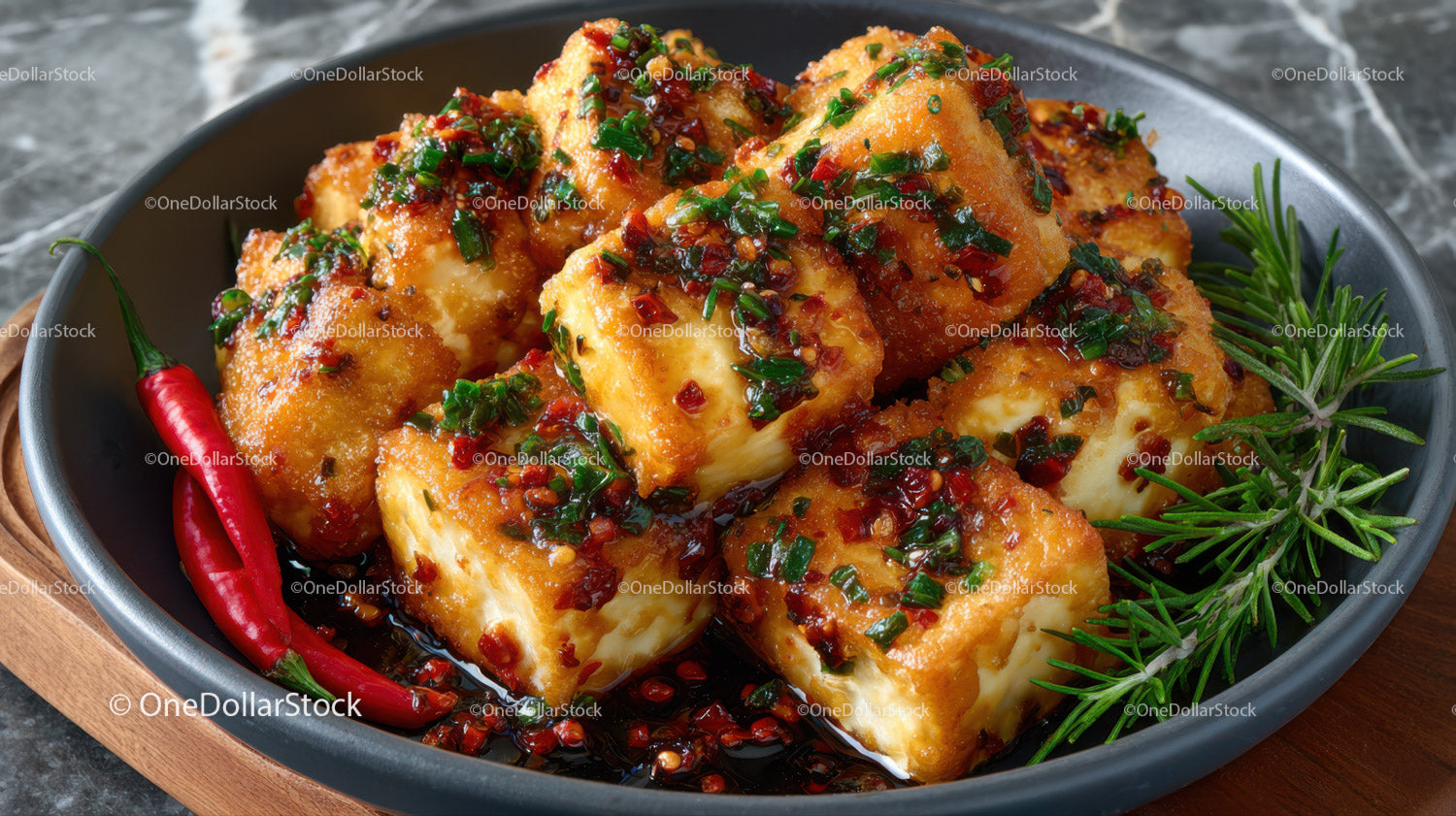 Chrupiące smażone tofu z olejem chili i świeżymi ziołami