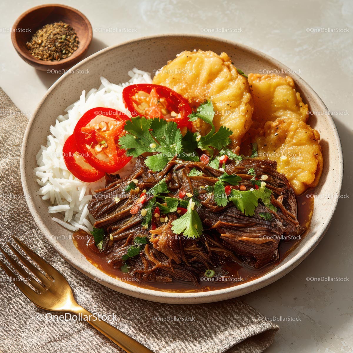 Savory Asian Dish with Rice, Vegetables, and Grilled Plantains