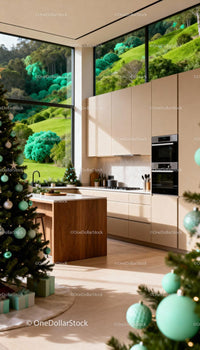 Modern kitchen with holiday decor and scenic green view