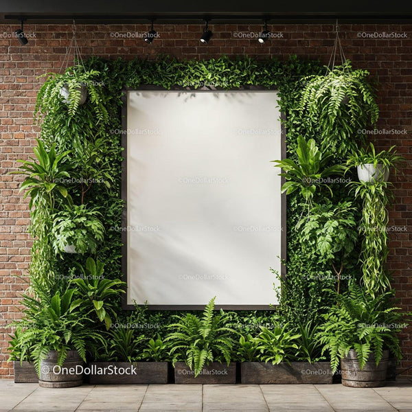 Indoor green wall frame with lush tropical plants JPG Mockup Image