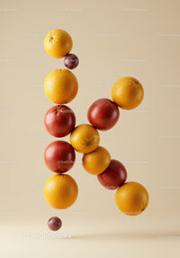 Fresh citrus and plums forming the letter K