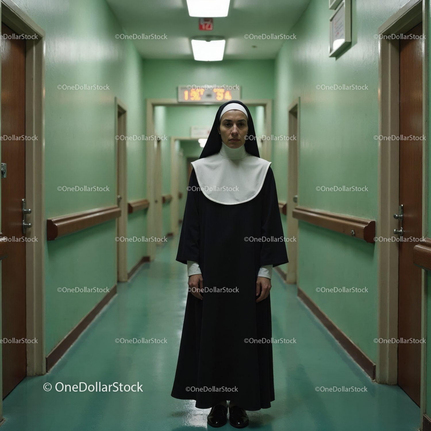 Confident Nurse in Hospital Corridor With Serious Expression