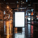 Night City Street with Illuminated Bus Stop and Neon Signs