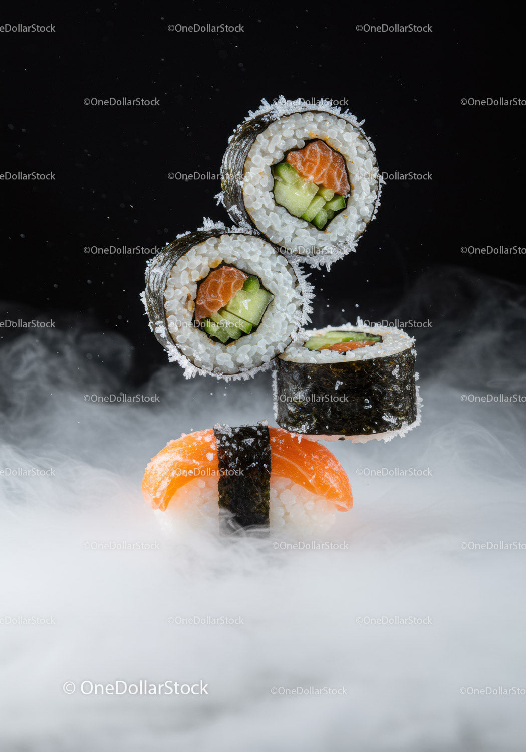 Fresh salmon sushi rolls floating on misty background