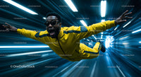 Dynamic Man in Yellow Jumpsuit Against Futuristic Background