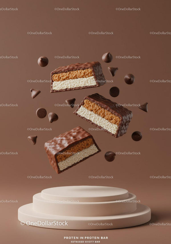 Chocolate Covered Protein Bars with Crispy Layers Floating