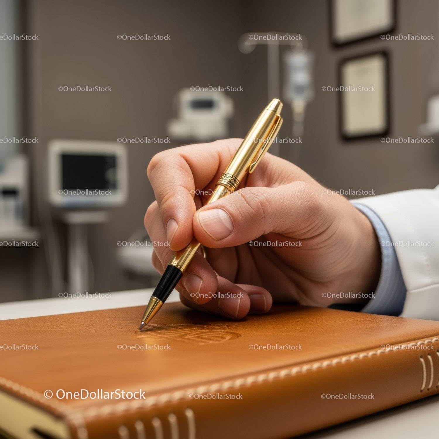 Close-up of Gold Pen Writing on Leather Planner in Modern Office