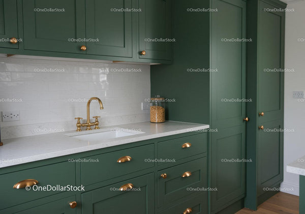 Green Kitchen Cabinets with Gold Hardware and White Marble Countertop