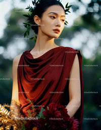 Elegant young woman in burgundy dress with floral accents