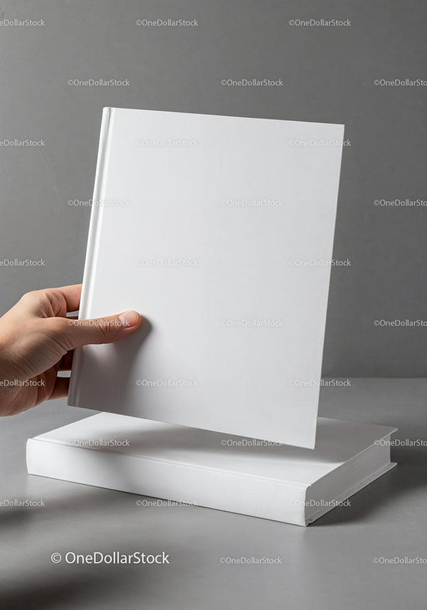 Hand Holding Blank White Hardcover Book Over Another JPG Mockup Image
