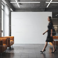 Blurred woman walking in modern minimalistic lobby
