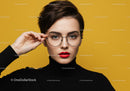 Elegant Woman Wearing Glasses with Bold Red Lipstick and Short Hair