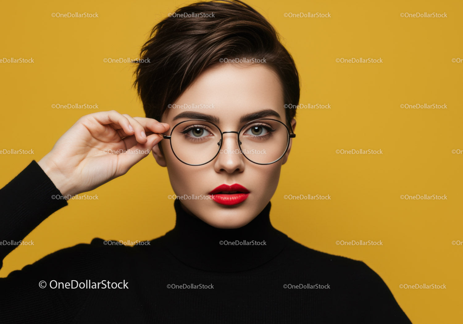 Elegant Woman Wearing Glasses with Bold Red Lipstick and Short Hair