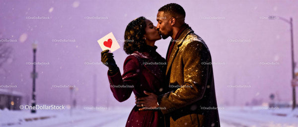 Couple sharing a kiss with Valentine card in snowy evening