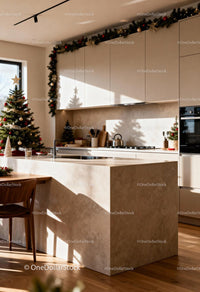 Modern kitchen with elegant Christmas decorations and natural light