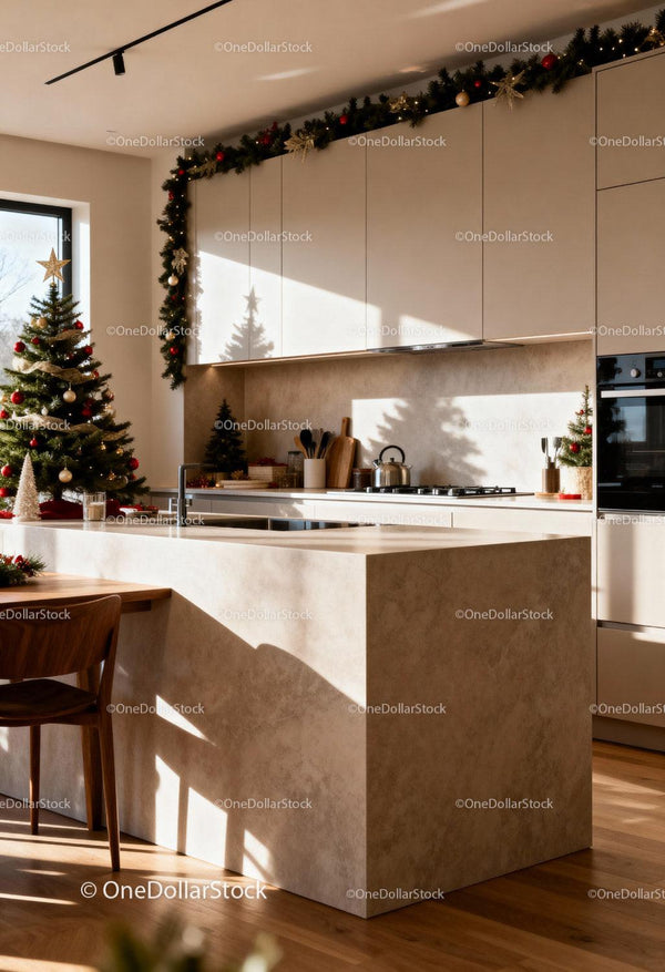 Modern kitchen with elegant Christmas decorations and natural light