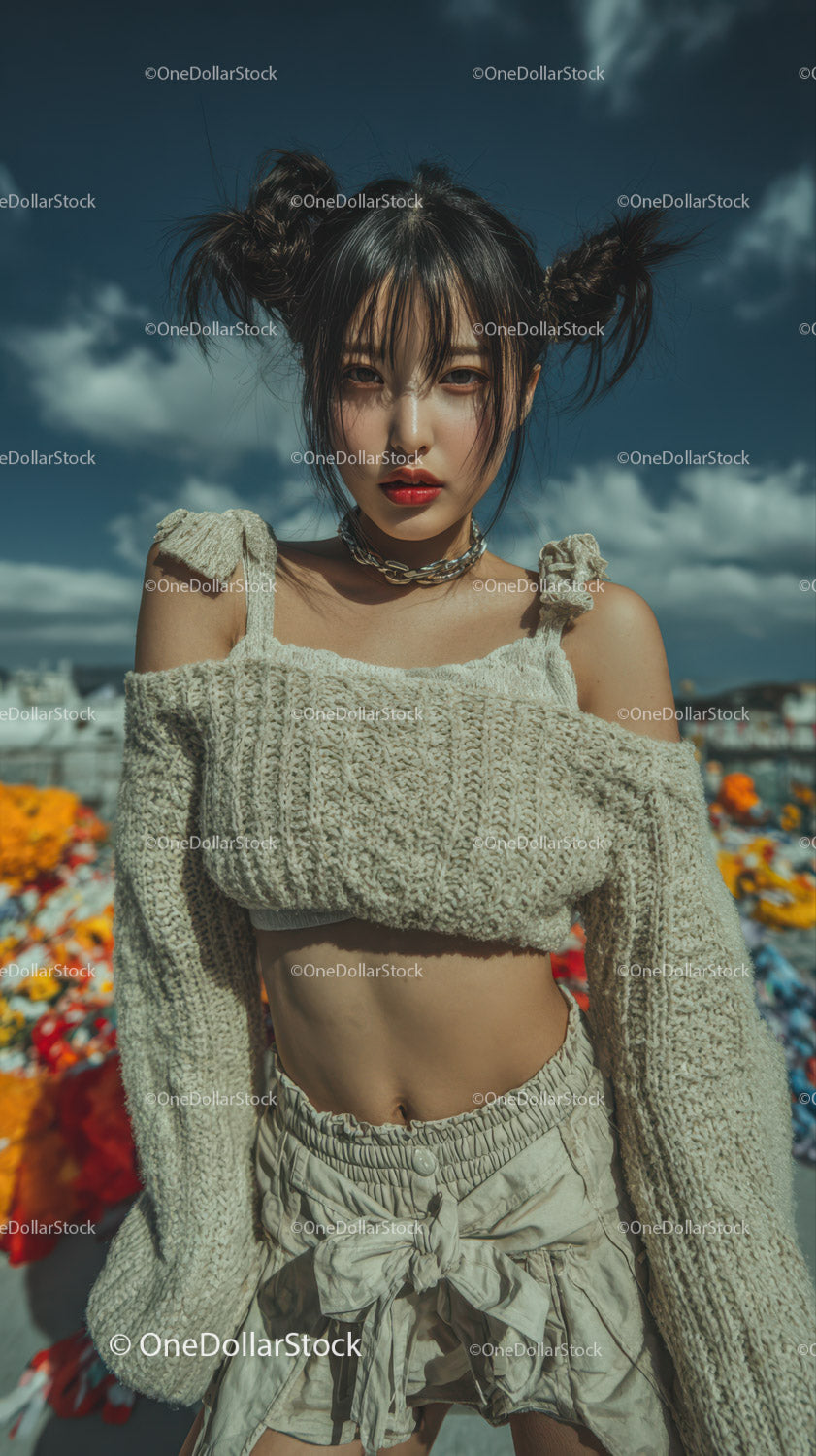 Stylish Young Woman in Knitted Crop Top and Beige Shorts Outdoors