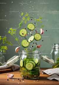 Fresh cucumber slices and herbs preparing homemade pickles