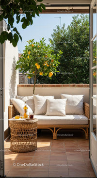 Cozy balcony seating with lemon tree and natural light