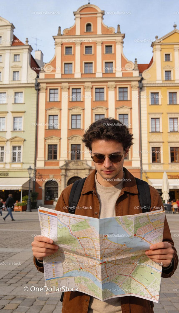 Młody podróżnik eksplorujący uliczki miasta z mapą w rękach