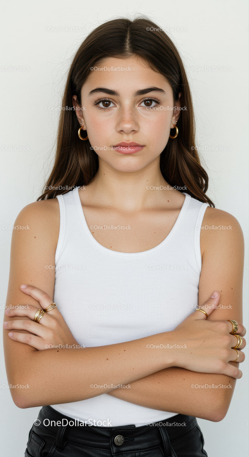 Portrait of a Confident Young Woman with Brown Hair in Casual Style