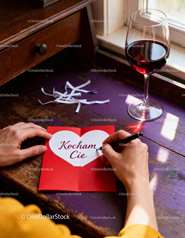 Writing a heartfelt love note beside red wine glass