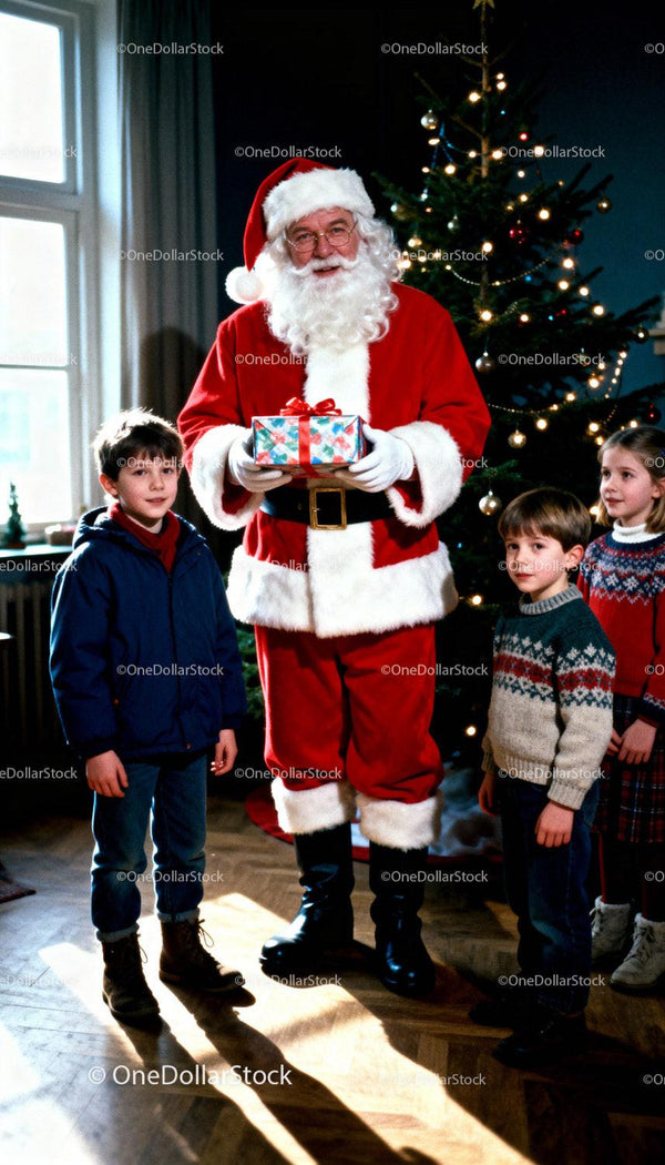 Santa Claus Giving Gift to Three Happy Children