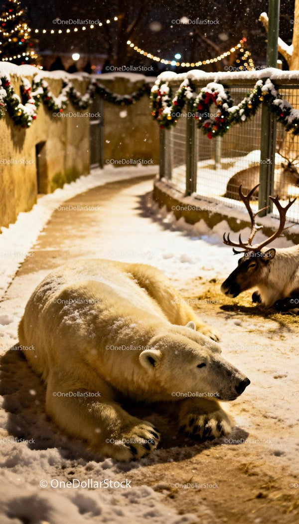 Polar bear and reindeer resting in festive snowy enclosure