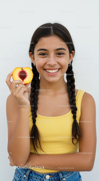 Smiling Girl in Yellow Tank Top Holding Peach with Heart-Shaped Seed