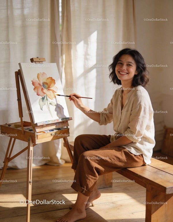 Young woman smiling while painting flower in cozy room