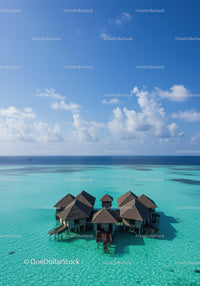 Tropical Overwater Bungalows with Clear Turquoise Water and Blue Sky