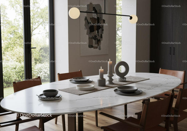 Modern Dining Room with Marble Table and Wooden Chairs