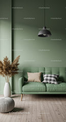 Modern Green Sofas with Black Pendant Lamp and Decorative Cushions
