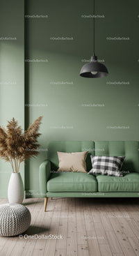 Modern Green Sofas with Black Pendant Lamp and Decorative Cushions