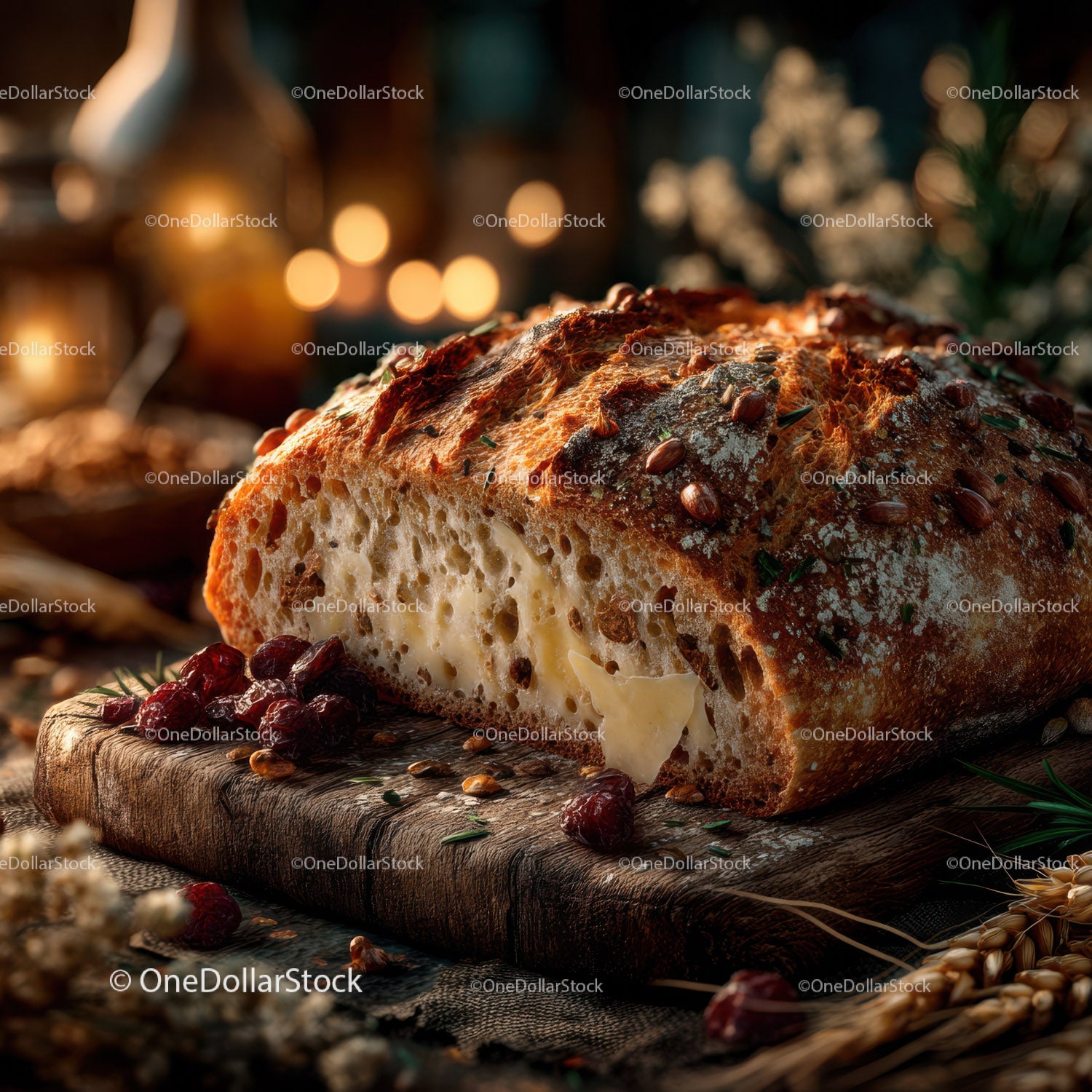 Rustic Baguette with Cheese and Dried Cranberries on Wooden Board