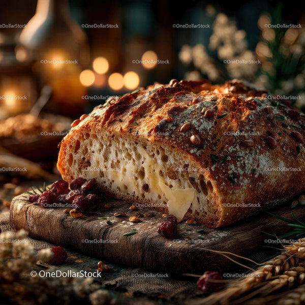 Rustic Baguette with Cheese and Dried Cranberries on Wooden Board