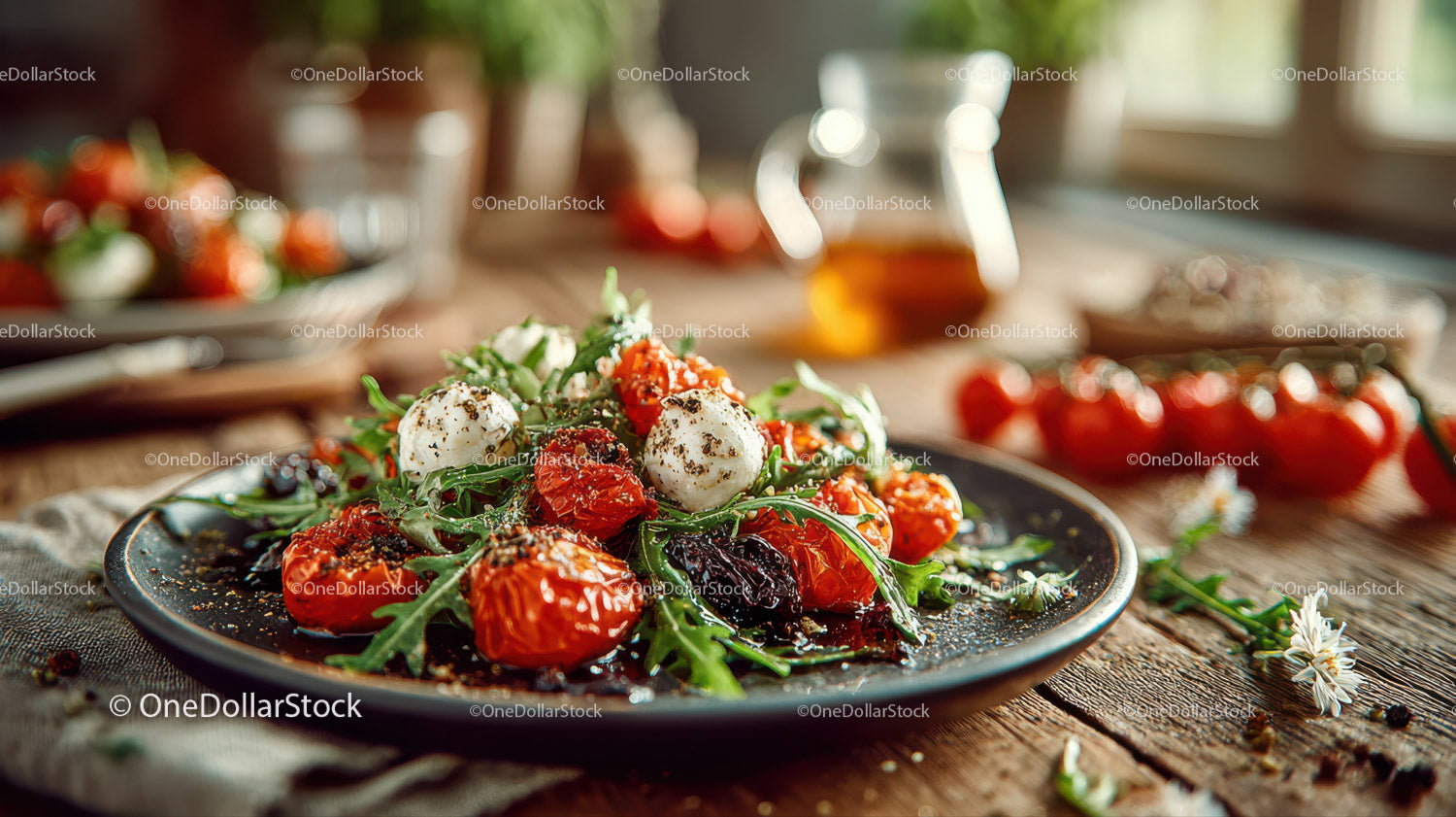 Fresh Cherry Tomato and Mozzarella Salad on Rustic Wooden Table