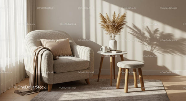 Cozy beige armchair with soft cushion and decor