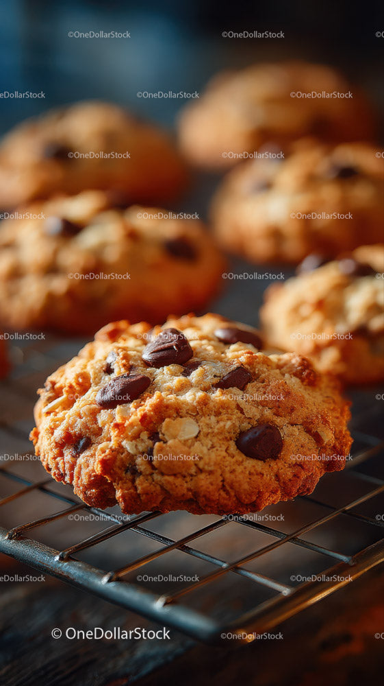 Chocolate Chip Cookies Freshly Baked on Cooling Rack