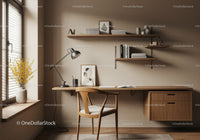 Minimalist workspace with natural light and wooden furniture