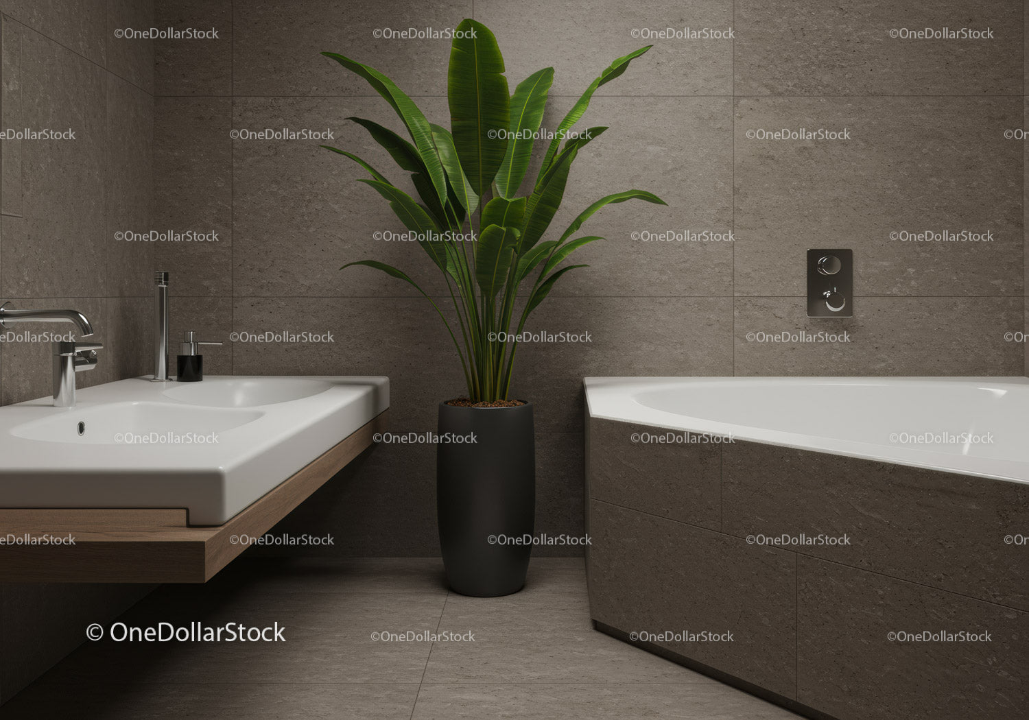 Elegancka, nowoczesna łazienka z zieloną roślinnością i stylową armaturą