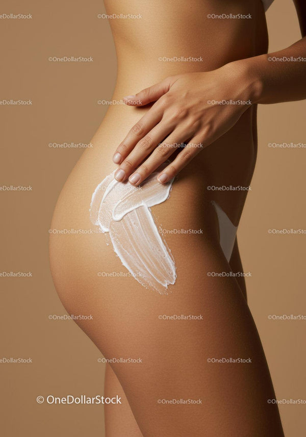 Beautiful woman applying moisturizer to her thigh with smooth skin