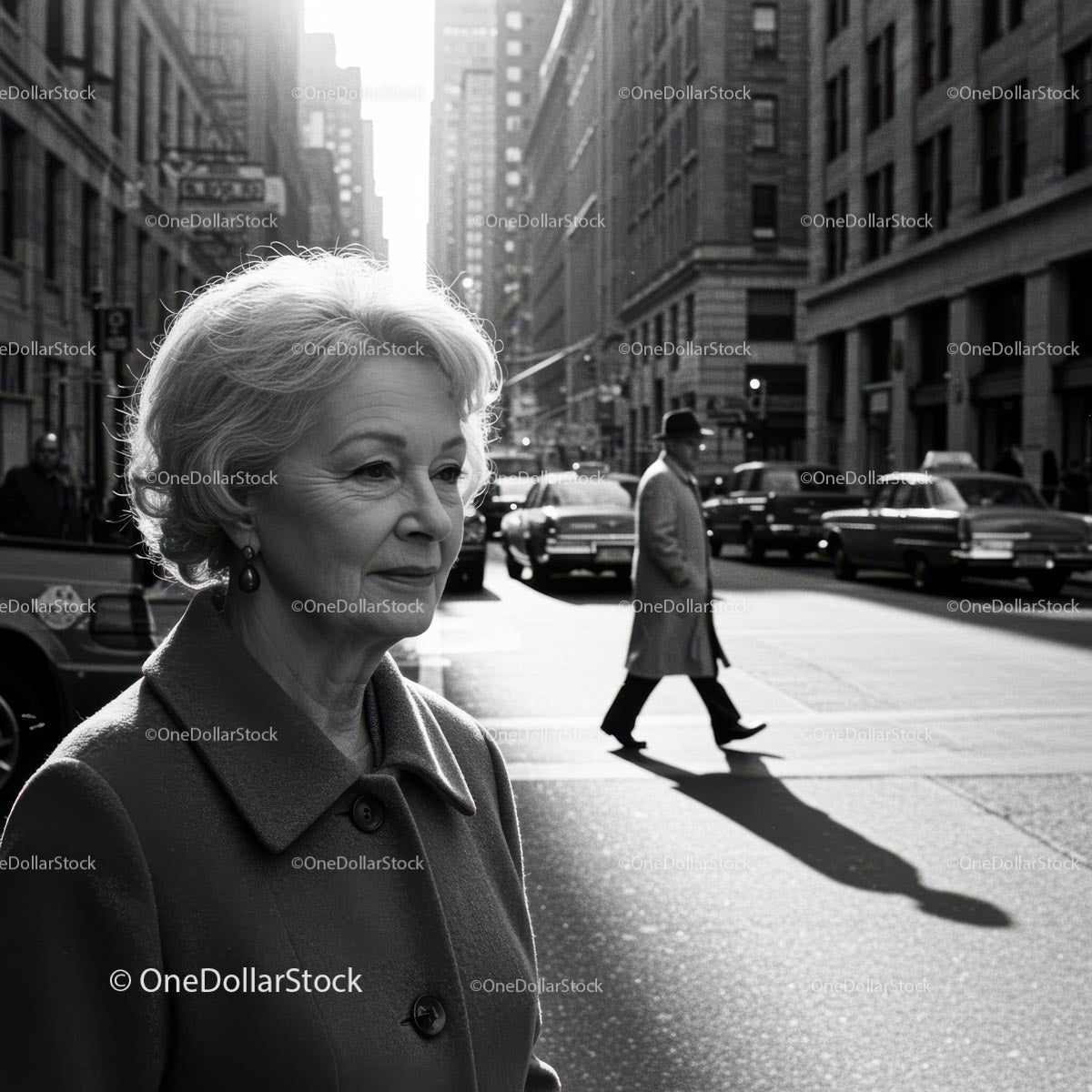 Elderly Woman in Busy City Street Surrounded by Vintage Cars
